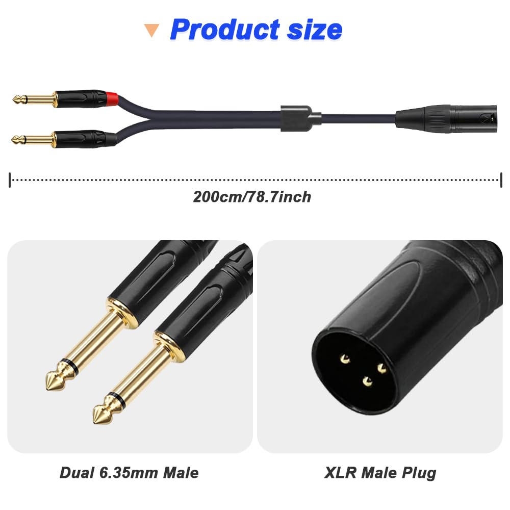 Xiatiaosann Dual 14" to XLR Male Y Splitter Cable, XLR Male to Dual 6.35mm TS Mono Male Microphone Audio Converter Cable for Mixers, Amplifiers