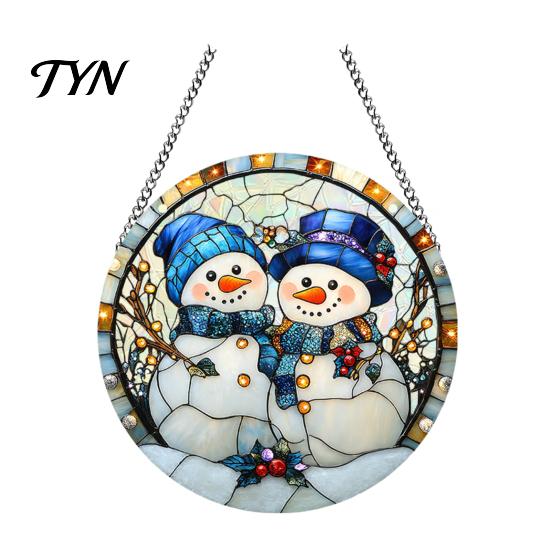 Durable Acrylic Holiday Signage Christmas 2D Hanging Ornaments, Stained Glass Style Snowman Santa Snowflake Lightweight Wall Ornaments Window