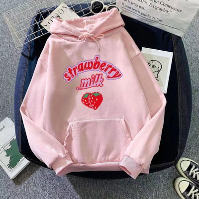 Women Strawberry Print Hooded Sweatshirt for Autumn Long Sleeve Fleece Hoodies Top