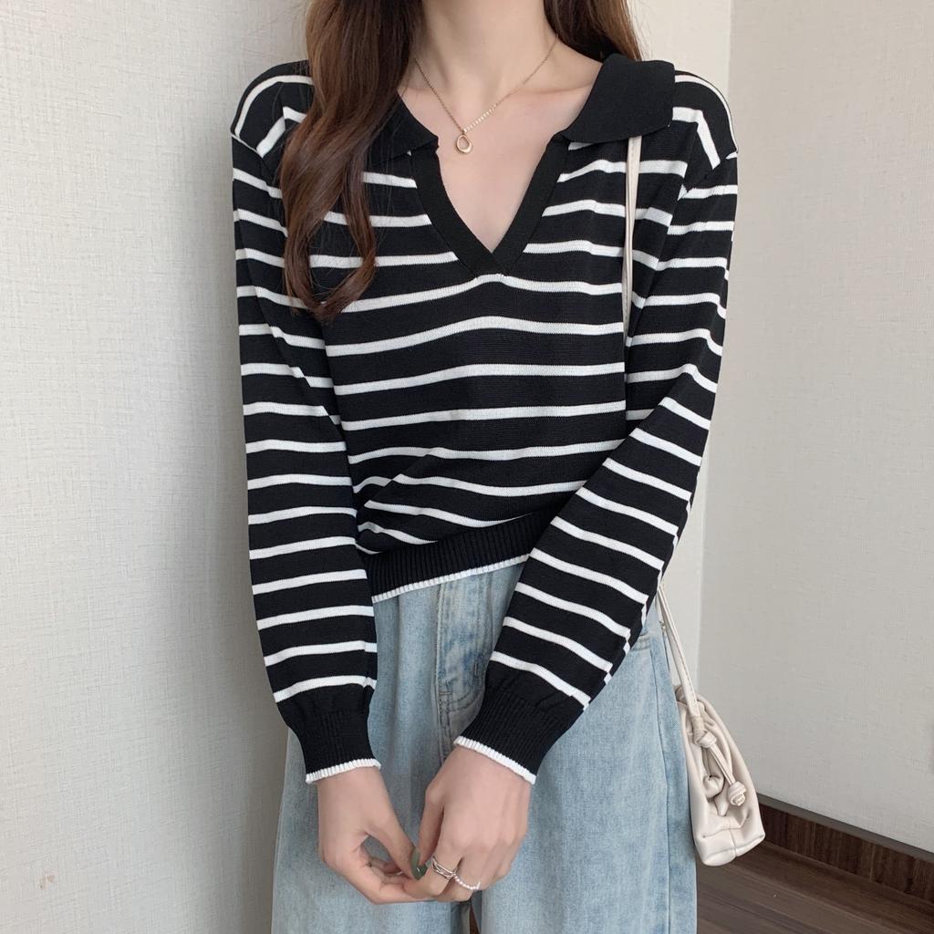New Autumn Women's New Polo Collar Striped Long-sleeved Knitted Sweater Loose Casual Age Reduction