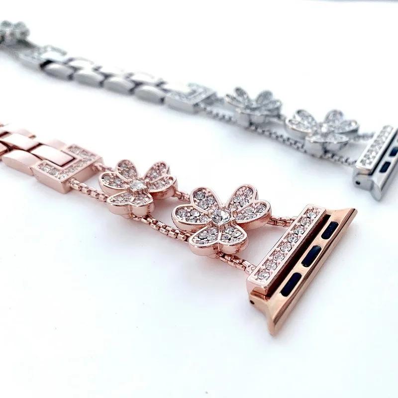 Watchband Metal Strap For Apple Watch Band Ultra 4mm 45mm 40mm 41mm 49mm Bling Butterfly Bracelet Chain for iWatch Series 9 8 7 6 5 SE 4 3