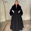 Women Wool Blend Coat Faux Fur Collar Cuffs Fitted Waist Flared Maxi Silhouette Outerwear Winter Elegant Street Overcoat
