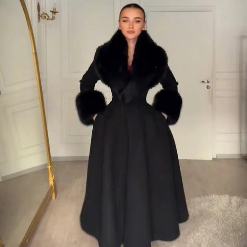 Women Wool Blend Coat Faux Fur Collar Cuffs Fitted Waist Flared Maxi Silhouette Outerwear Winter Elegant Street Overcoat