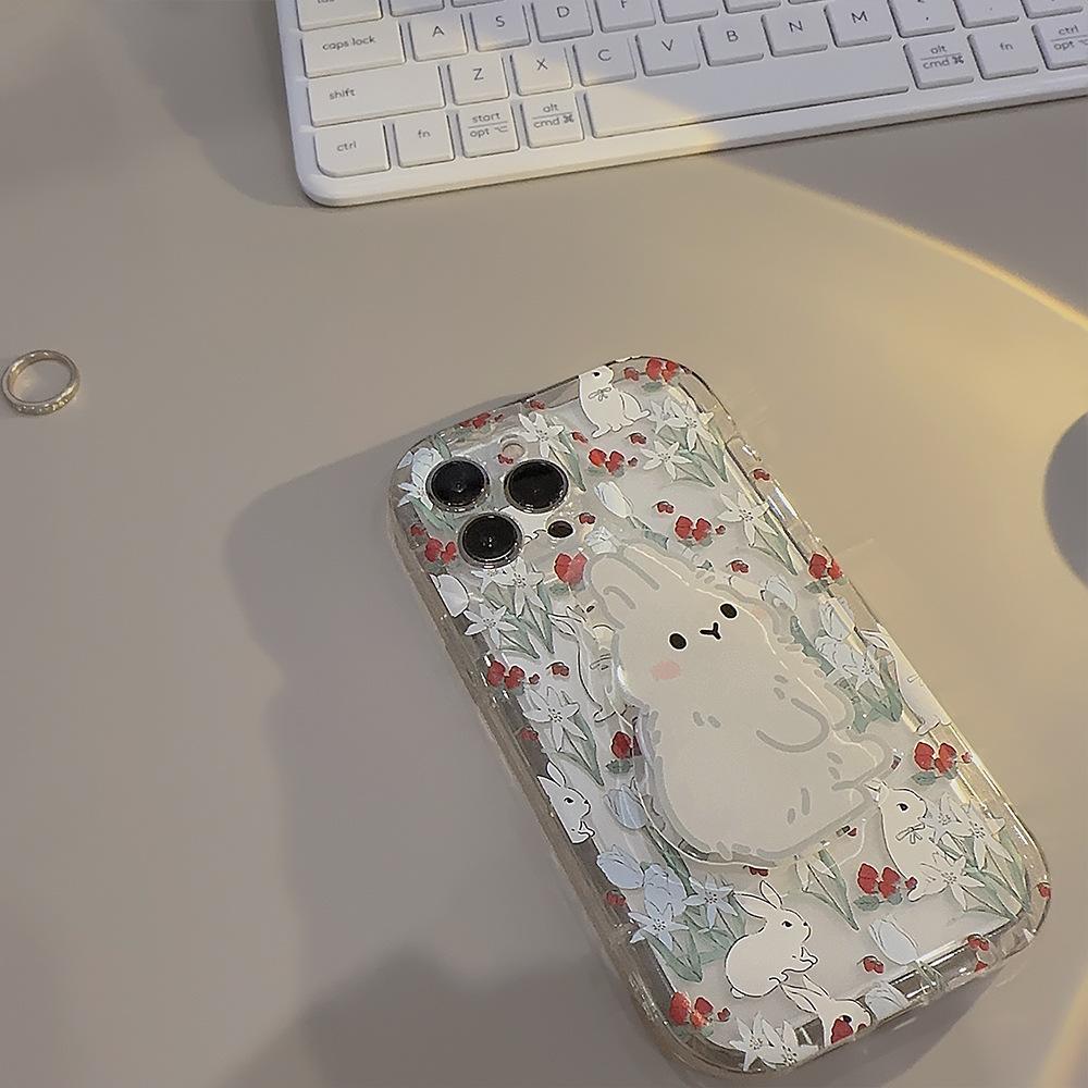 Korean Flower Rabbit Suitable for Iphone13 Apple 14 Mobile Phone Case 11 Cute Girl 15pro Max Bracket 16 Transparent