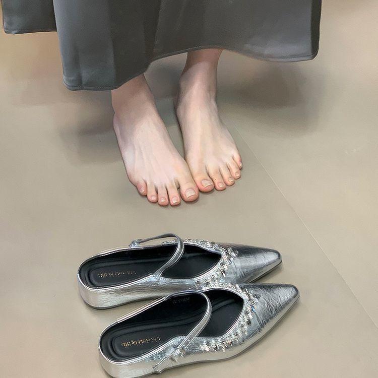 Height-increasing silver bag head slippers 2025 spring new rhinestone one-pedal outer wear pointed single shoes women's platform slippers