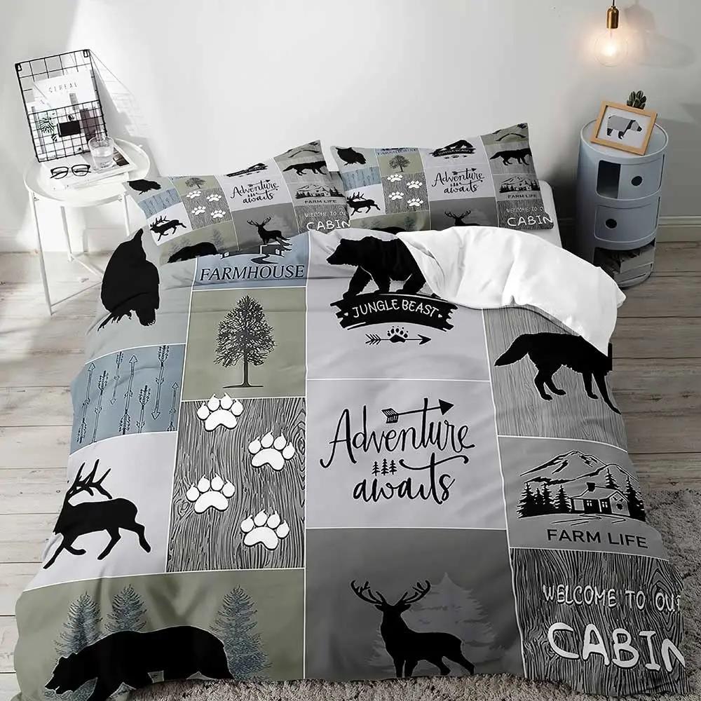 Farmhouse Duvet Cover SetBlack Bear Deer Elk Moose Forest Animal Wildlife Lodge Rustic Bedding Set KingSage Green Brown Plaid