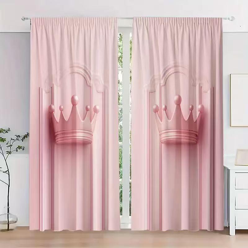 Set Of 2 Pink Crown Design Polyester Fabric Window Curtains Home Decor Curtain Made