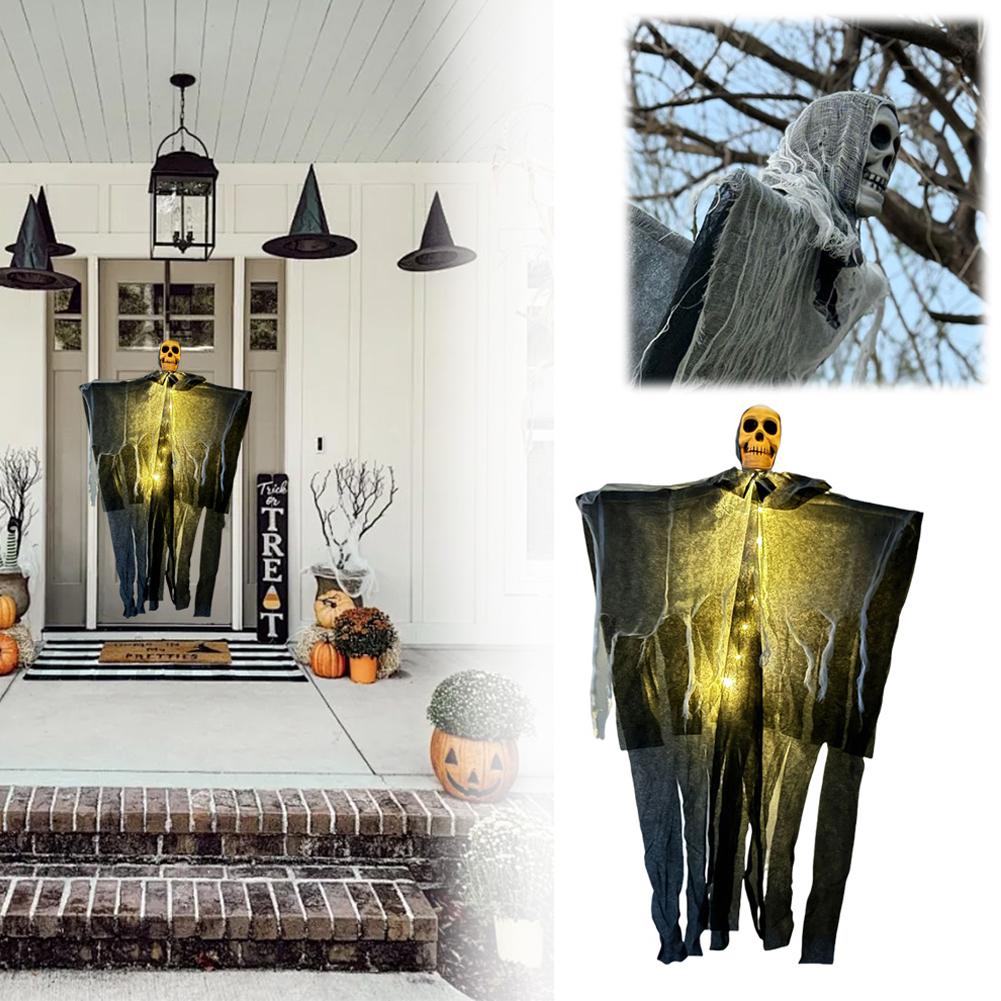Hanging Skeleton Ghost with LED Lights Hanging Skull Horror Ghost Patio Porch Skull Prop for Haunted House Decor