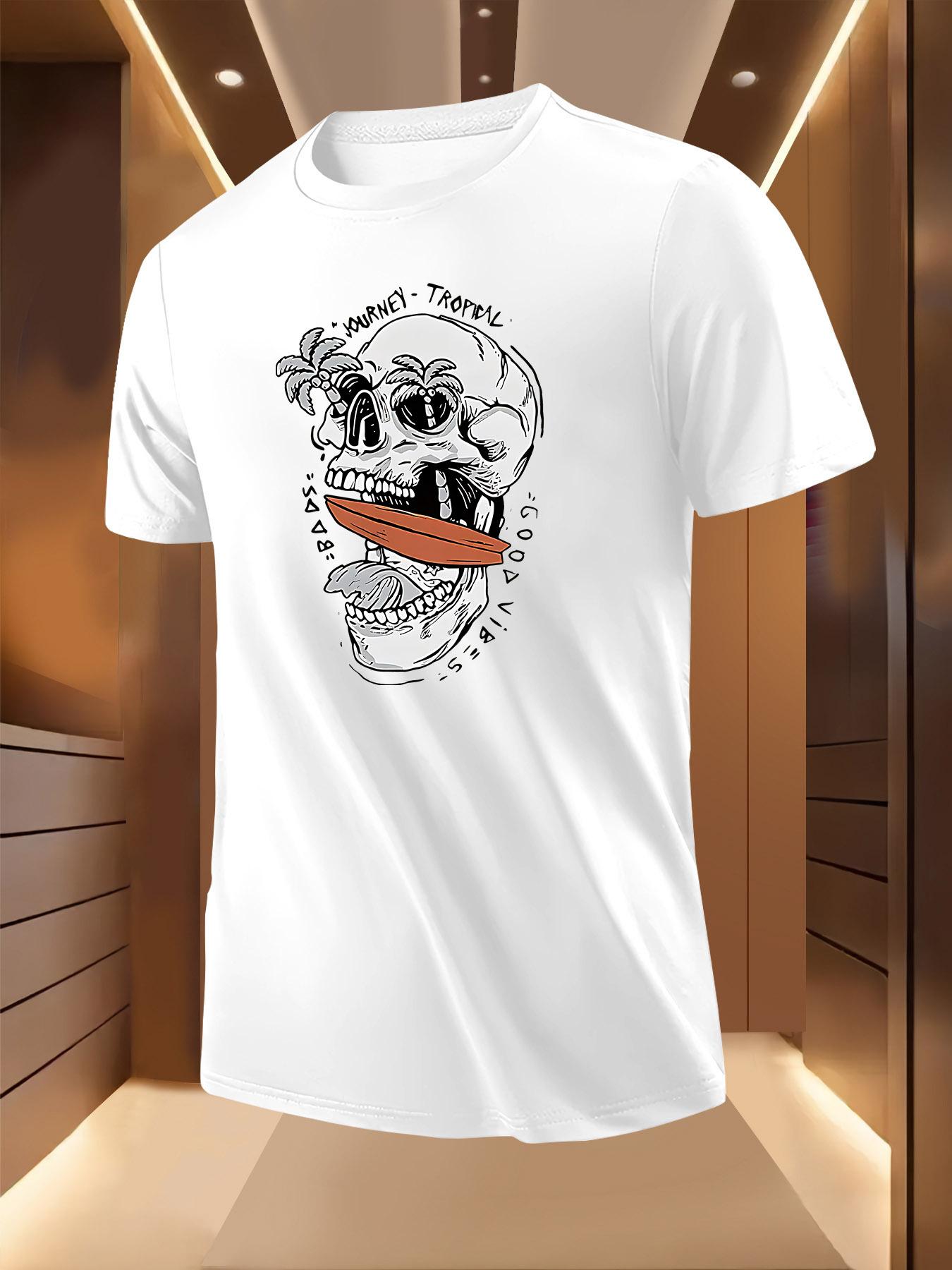 Tropical Skull Graphic Tshirt - Casual Short Sleeve Crew ... L