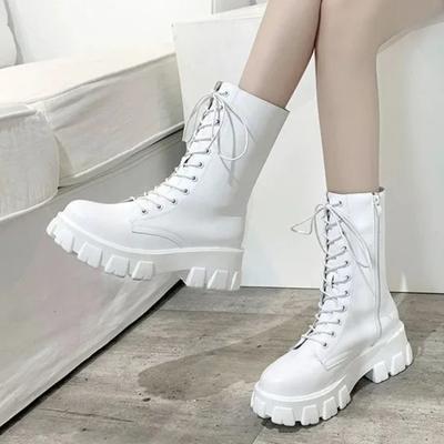 Botas de moto de estilo británico para mujer, botas de media pantorrilla con cordones y suela gruesa, versátiles, de color sólido, para invierno, 2024