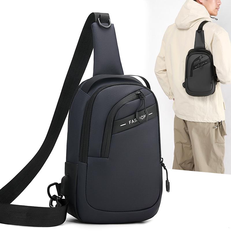 Sporty Men's Waterproof Sling Bag - USB Power Bank Port + Multi-Compartment Chest Pack (Anti-Sweat & Durable Design)