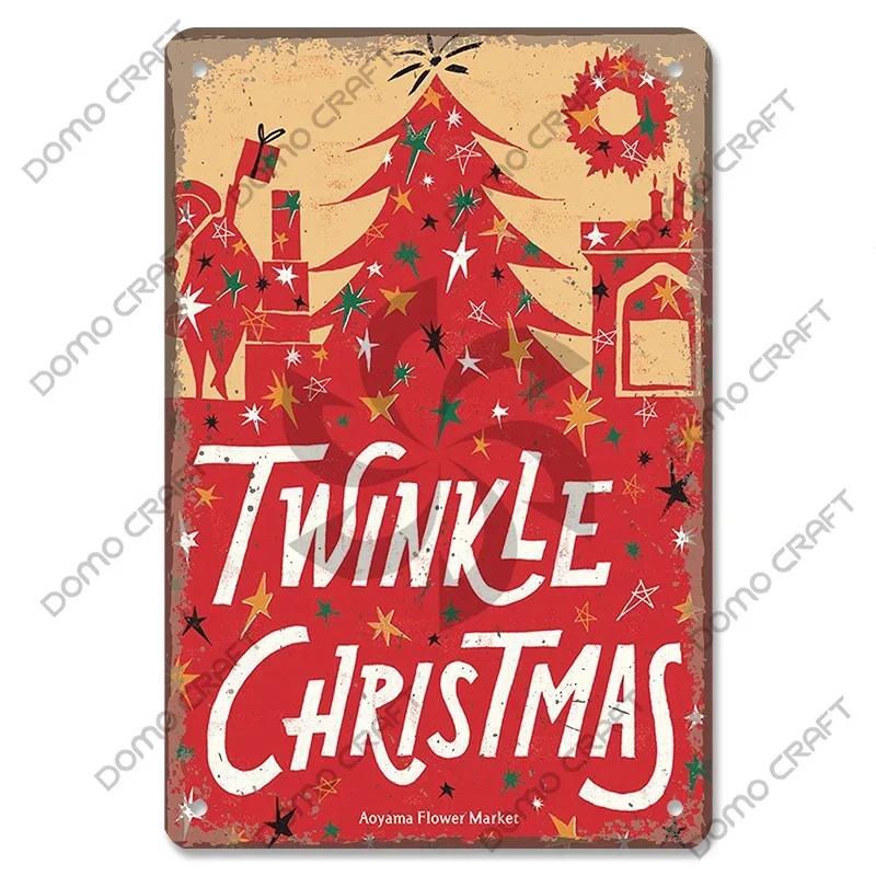 Retro Christmas Decor Vintage Metal Tin Sign with Cake Music Box Christmas Tree for Bakery Candy Shop Home Wall Art