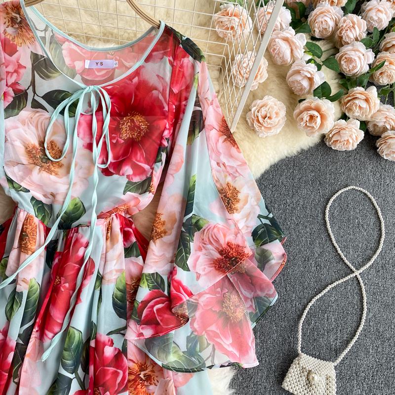 Summer Flower Series Elegant Print Fairy New Seaside Holiday Bell Sleeve Flowy Chiffon Dress