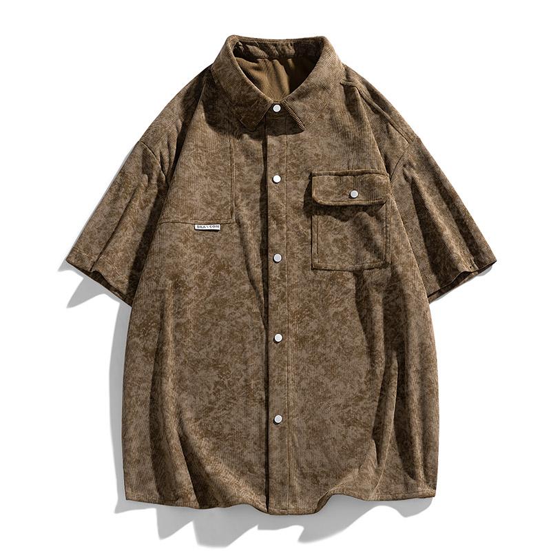 Corduroy Summer Men's Loose Fit Men's Short Sleeved T-shirt Men's Top Five Quarter Sleeve Lapel Short Sleeved Shirt Men