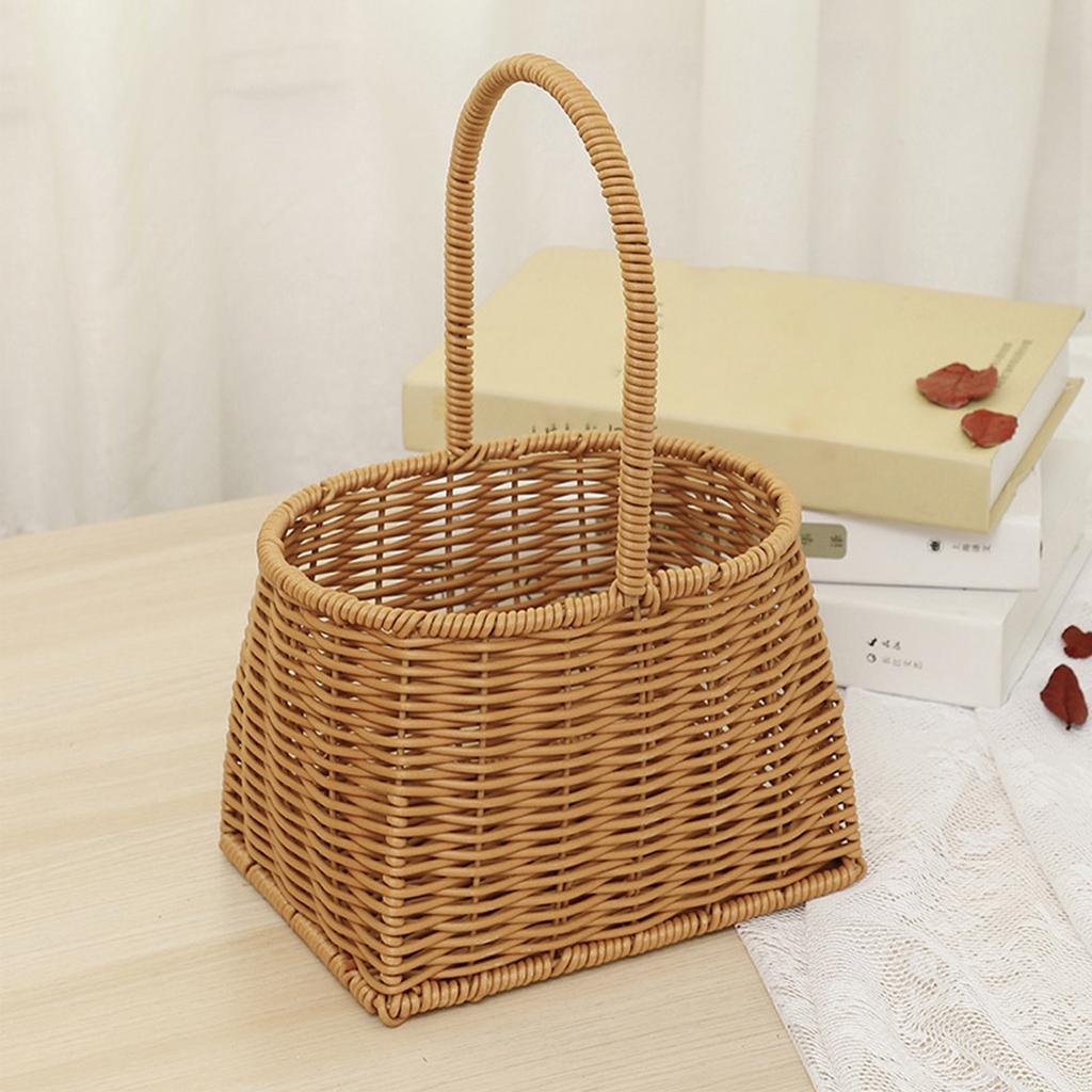 Portable Woven Basket with Handle PP Rattan Hand Woven Hamper for Fruits Vegetables Gifts