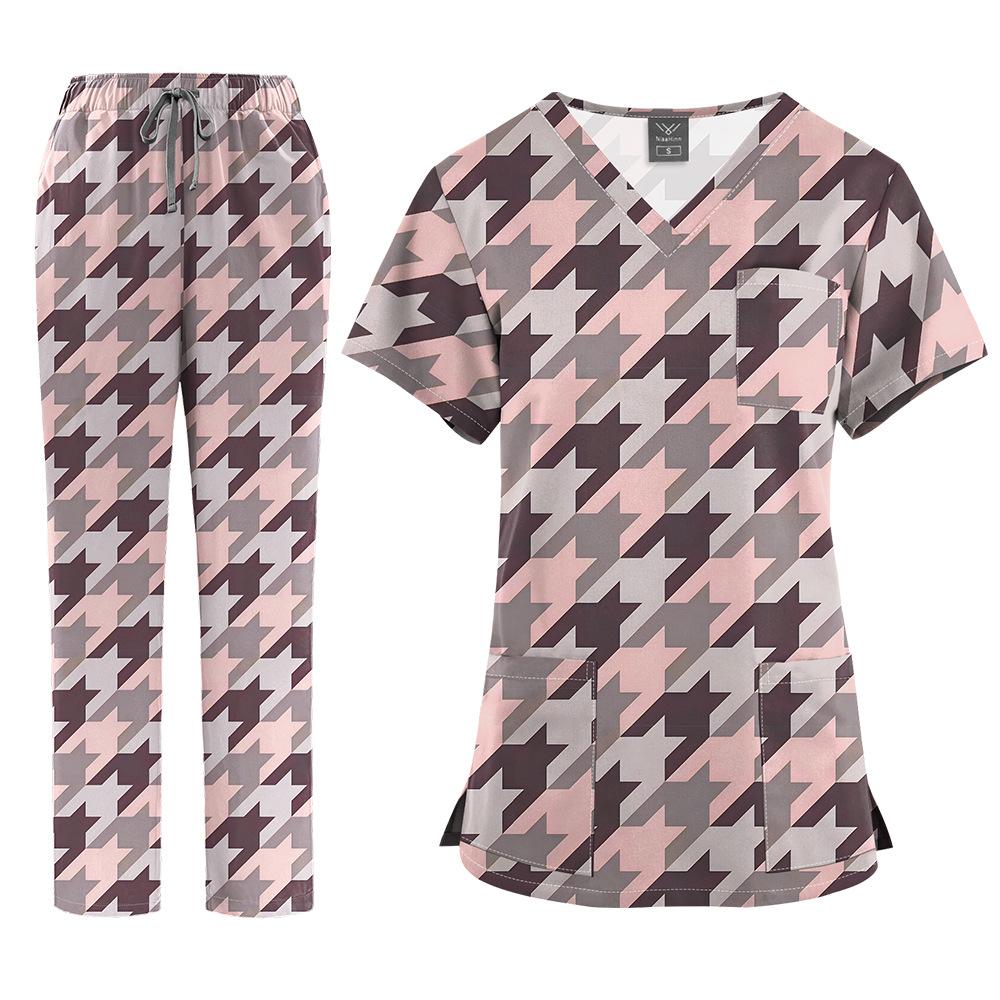 Flerfärgade Joggingdräkter Läkare Sjuksköterskeuniformer Kortärmade V-ringade Toppar Fickbyxor Sjuksköterskeskrubbar Set Medicinska Kliniska Kläder