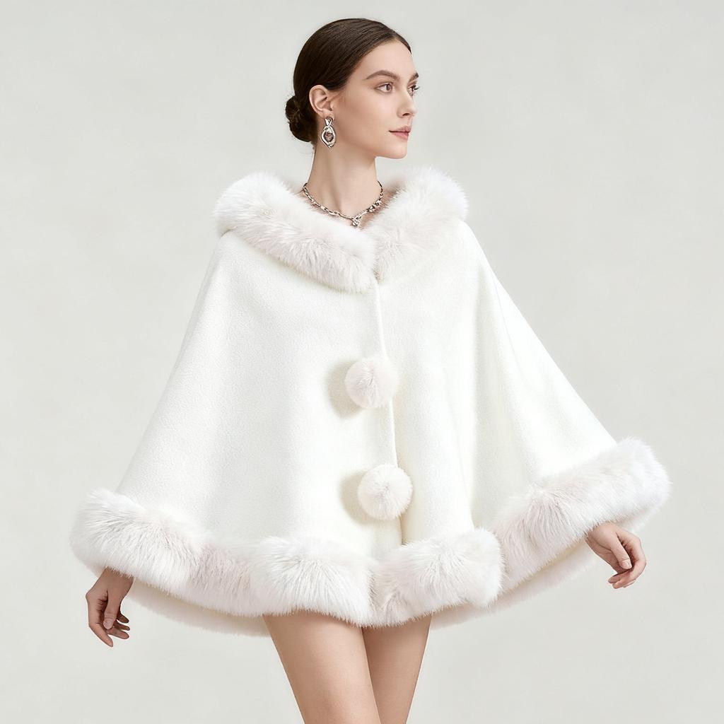 Autumn And Winter New Imitation Mink Fur Collar Shawl Cape Solid Color Wool Ball Cardigan Cheongsam Outer Cloak Jacket For Women