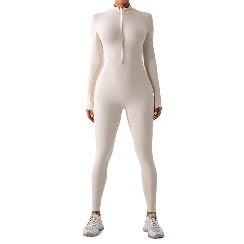 Tuta da Yoga Senza Cuciture a Manica Lunga con Zip e Pantaloncini Modellanti in Vita