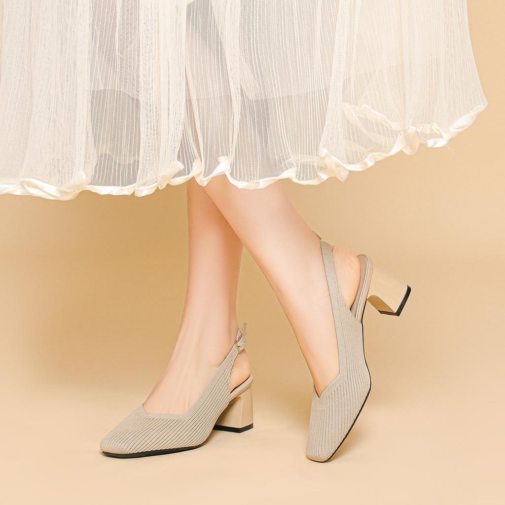 Slingback Heels for Women Square Toe Comfortable Knitted Work Walking Office Chunky Heels Pumps Women's Non-Slip Low Block Heel Wedding Dressy Shoes