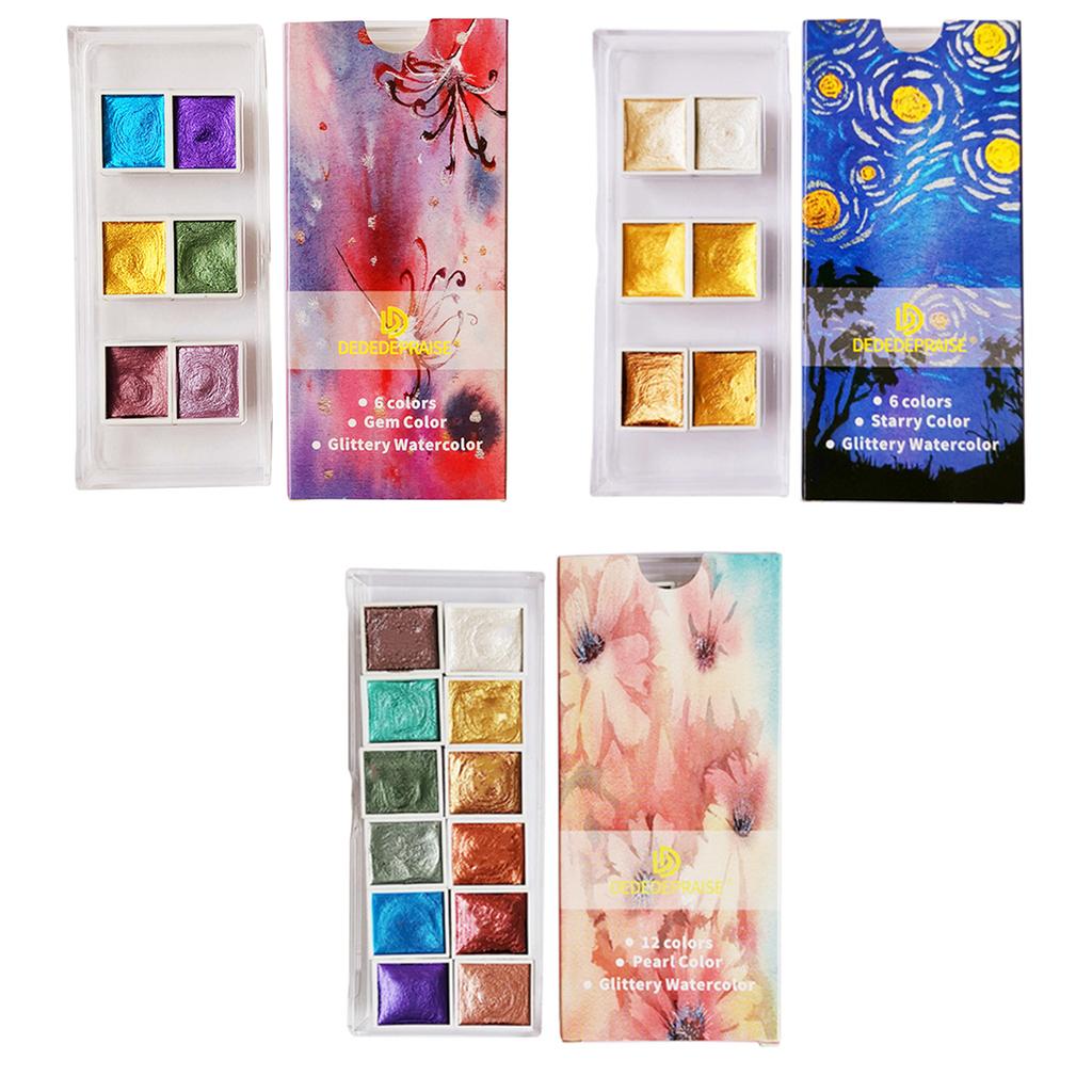 Praktyczne Pigmenty Akwarelowe Brokatowe Farby Stałe 6/12 Kolorów Silne Krycie dla Uczniów Dzieci Początkujących Artystów Prezent