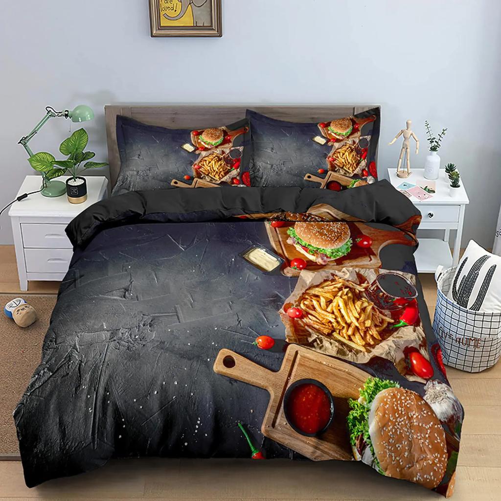 Hamburger Duvet Cover Meat Cheese Fast Food Theme Cartoon Hamburg Pattern Quilt Cover Bedroom Decoration for Children Boys Girls