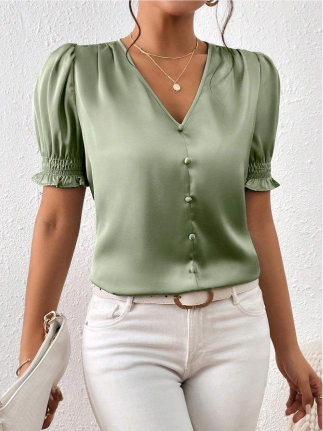 New Satin V-neck Button-up Ruffle Blouse - Spring/Summer Casual Short Sleeve French Style
