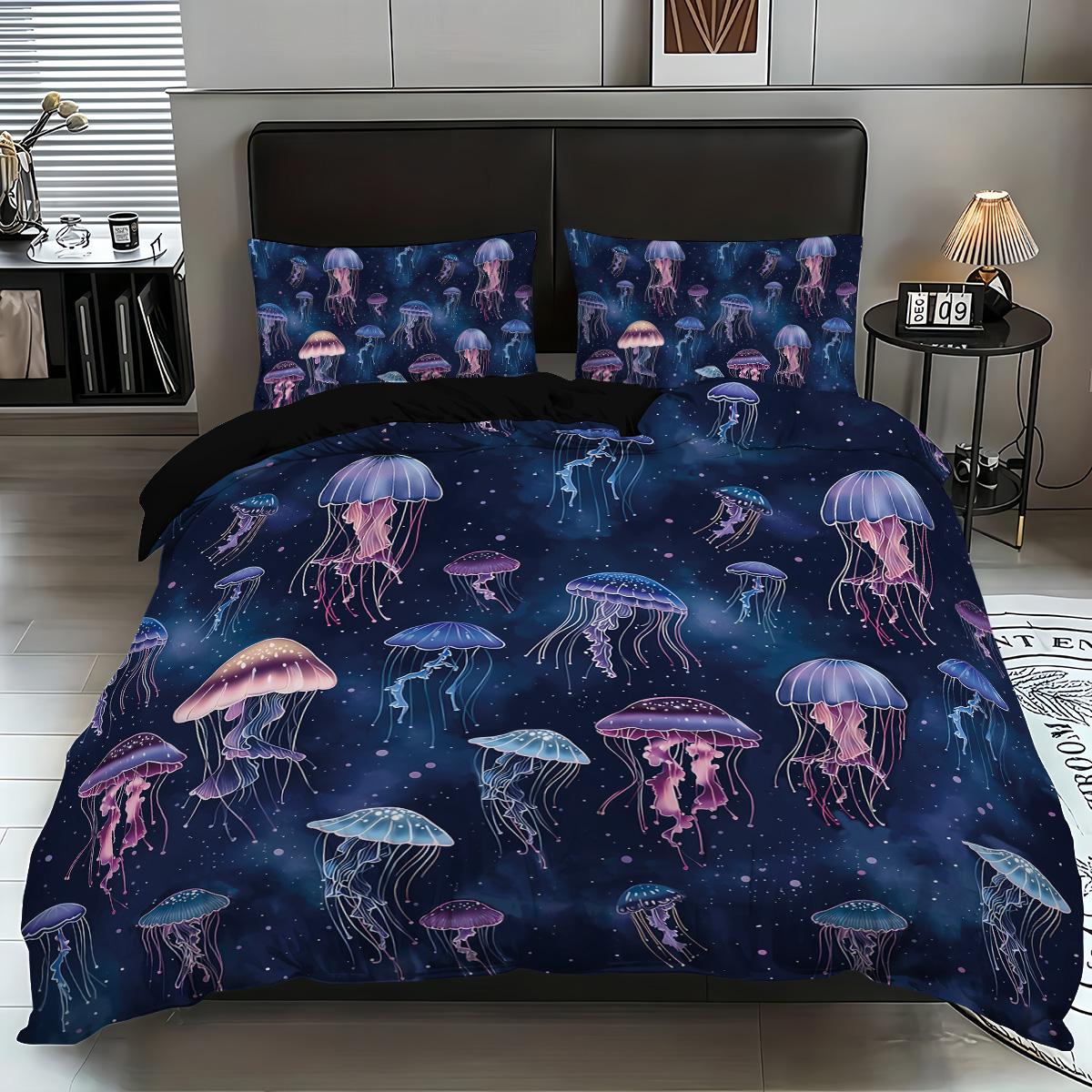 

3 deep sea jellyfish printed down duvet covers, 1 down duvet cover+2 pillowcases, coreless. Soft and comfortable bedding set 135x200cm-EU-Single&set