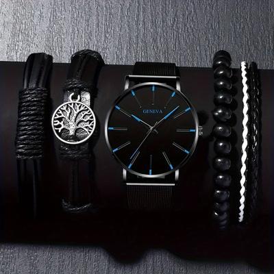 5pcs/set, Men's Stainless Steel Strap Quartz Watch and Bracelet Set - High-Precision Sport Quartz , Durable, The Perfect Gift for the Holidays