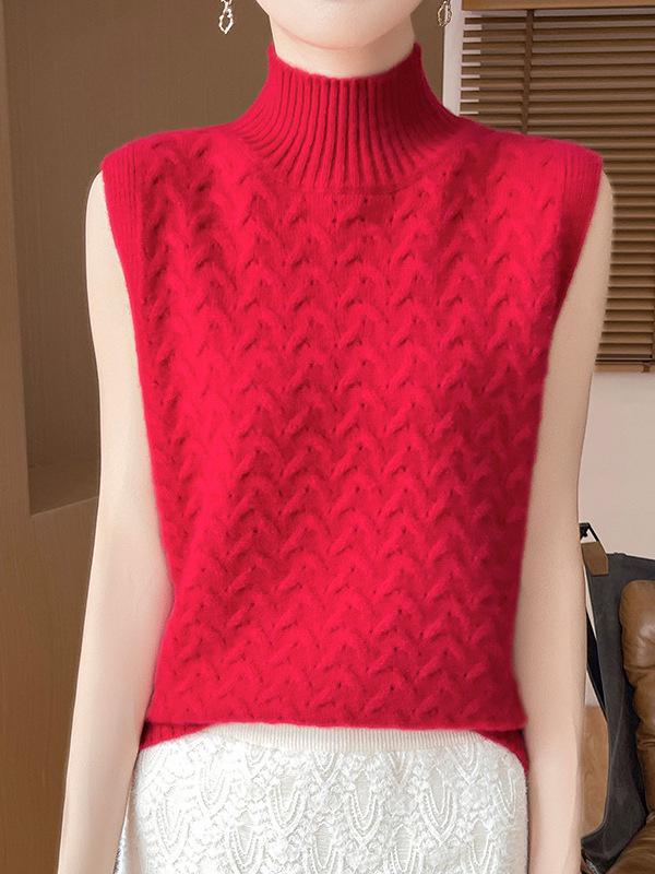 2025 Women's Wool Cable Knit Half-High Collar Sleeveless Sweater Vest