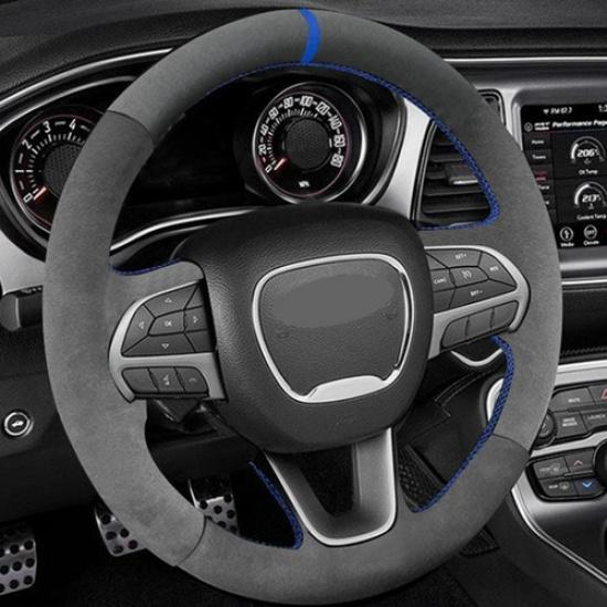 Black-Blue Suede Steering Wheel Leather Cover For Dodge Challenger Charger 15-21