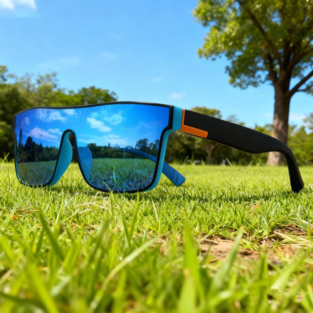 One-Piece Lens Square Sunglasses, UV400 Unisex Sports Shades with Blue Mirror Lens for Cycling Hiking & Travel