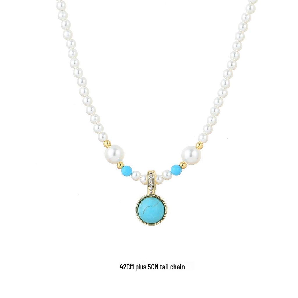 Türkis Perlenkette für Damen - Französische Eleganz High-End Schlüsselbein Kette, Personalisierbares Vielseitiges Schmuck Design