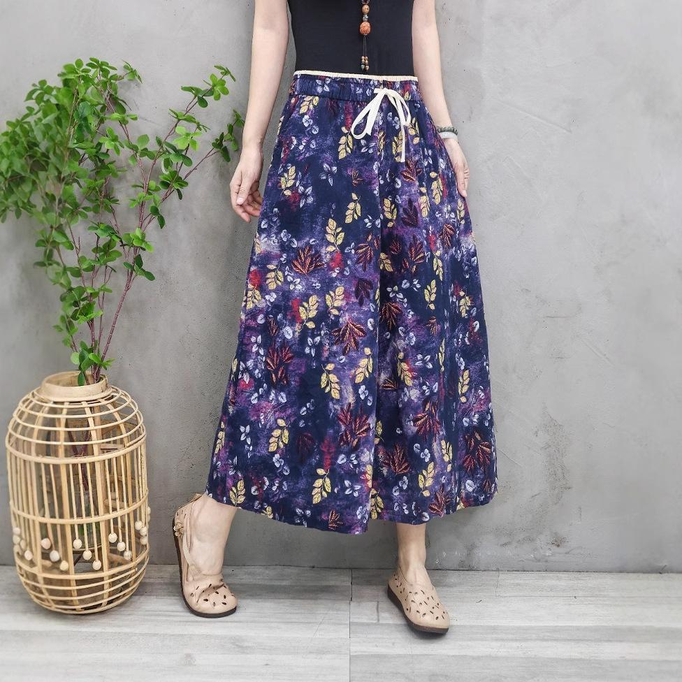 

Женские винтажные свободные брюки с цветочным принтом, летние широкие повседневные брюки из хлопка и льна One Size