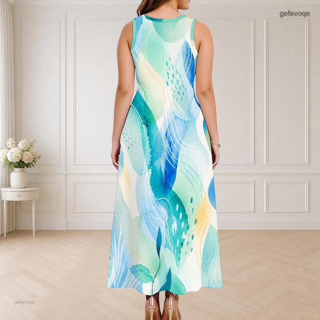 Women Plus Size Round Neck Triple Keyhole Cutout Sleeveless Printed Navy Blue Long Dress