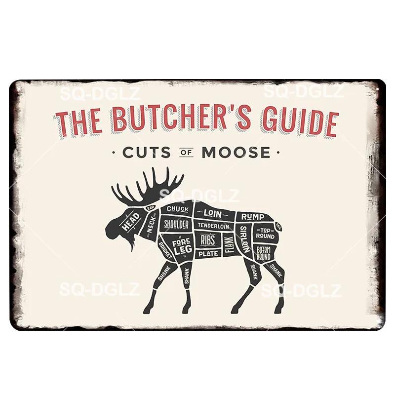 Hisun Tin Sign Vintage Butchers Guide Meat Cuts Metal Tin Sign Set Retro Butcher Shop BBQ Wall Art Decor for Kitchen Restaurant Bar Rustic Iro