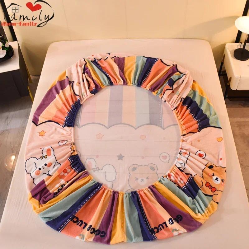 Winter Warm Thicken Flannel Elastic Fitted Sheet Mattress Protector Cover Cartoon Print Plush Soft Cozy Bed Sheet Home Decor