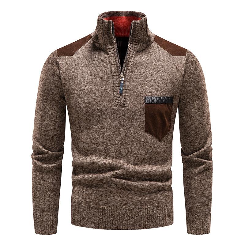 Winter Men Stand Collar Sweater Men Patchwork Knitwear Jumpers Slim Fit Brown Knitted Sweater Male Fleece Warm Pullover