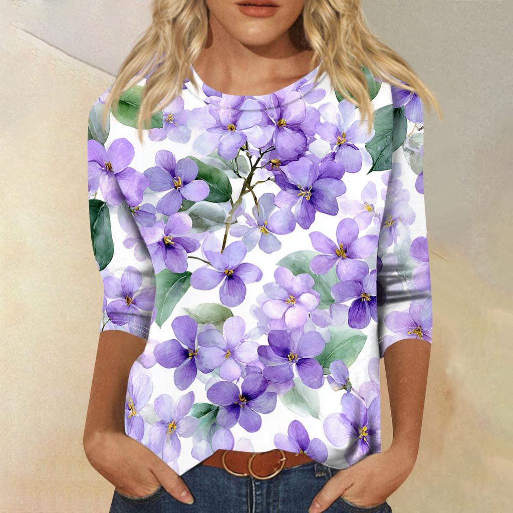 Damen Lässiges Rundhals-T-Shirt-Oberteil mit Dreiviertelärm und Blumendruck für Frühling und Sommer Entspannte Passform Bequemer Stil
