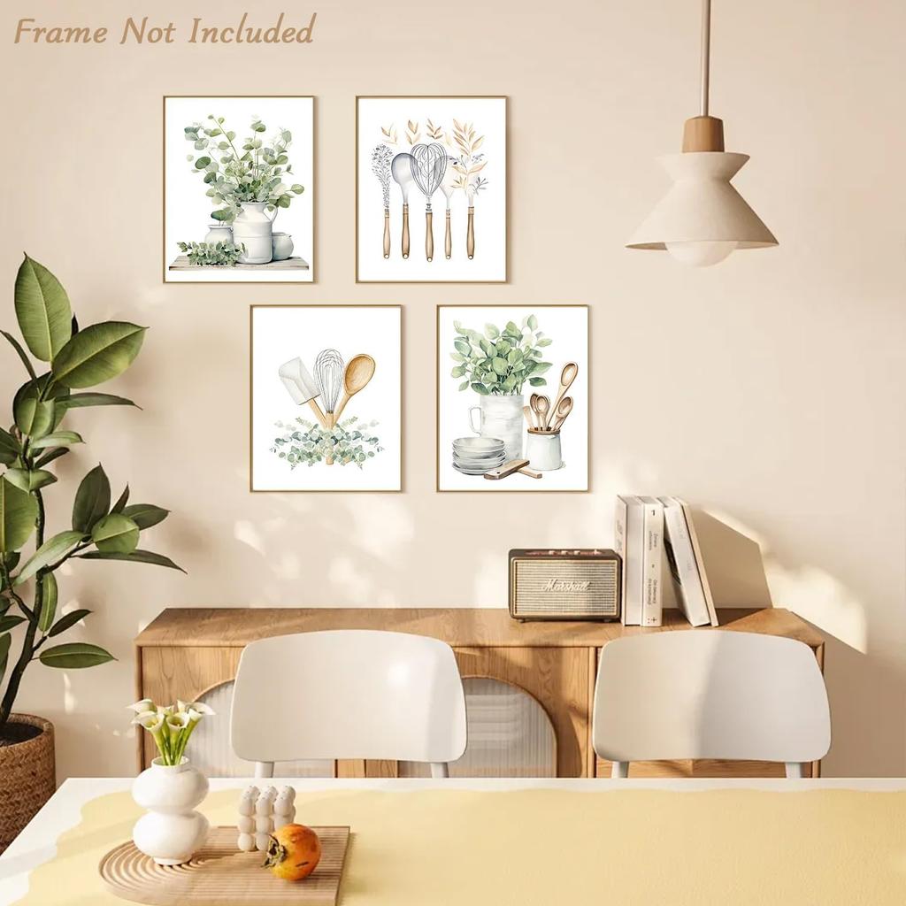 4 PCS Botanical Kitchen Wall Art Poster Sage Green Eucalyptus Leaves Prints, Boho Plant Wall Poster for Kitchen Dining Room Decor 8x10 in Unframed