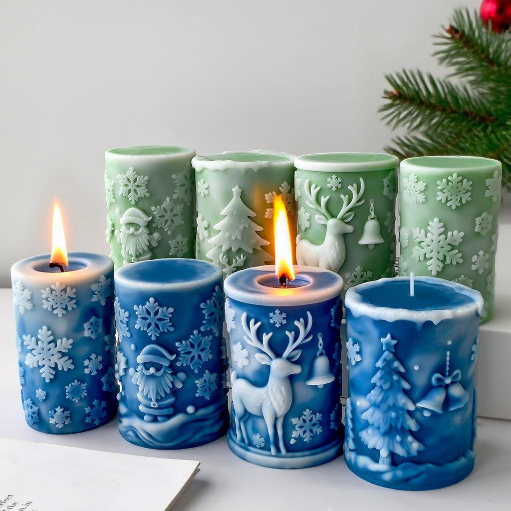 3D Relief Cylinder Christmas Snowflake Elk Silicone Candle Mold Christmas Tree Santa Aroma Plaster Mold Candle Making Supplies