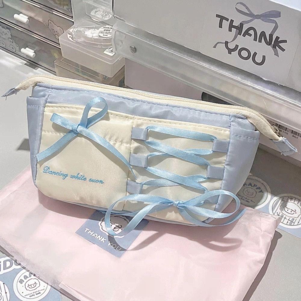 Portable Blue Ballet Style Pen Bag Bow Ribbon Large Capacity Pencil Case Stationery Bag Back To School Gift