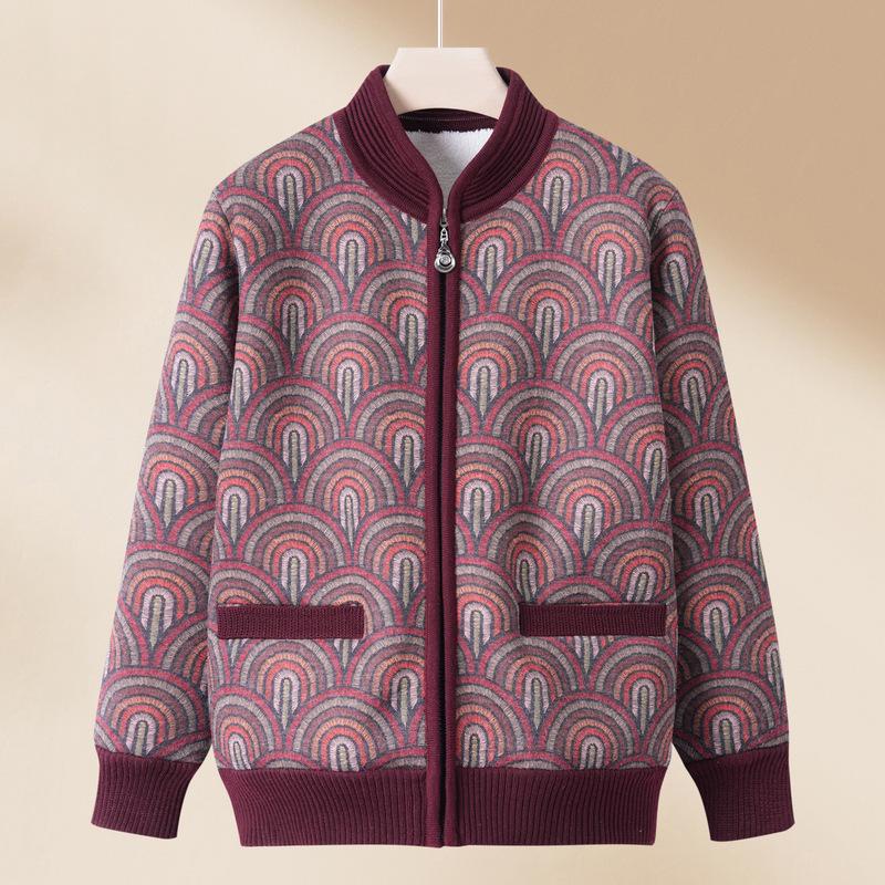 Women's Fleece Lined Cardigan Zipper Front Stand Collar Printed Pattern Thickened Warm Short Jacket Senior Casual Outerwear