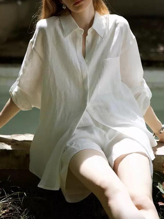 Leinen Oversize Hemd und Shorts Set - Weiß, Lässiger Sommerstil