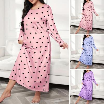 Women Plus Size Long Sleepdress Heart Print Long Sleeve Sleepwear Nightgown Fall Loose Nightshirts Cozy Loungewear