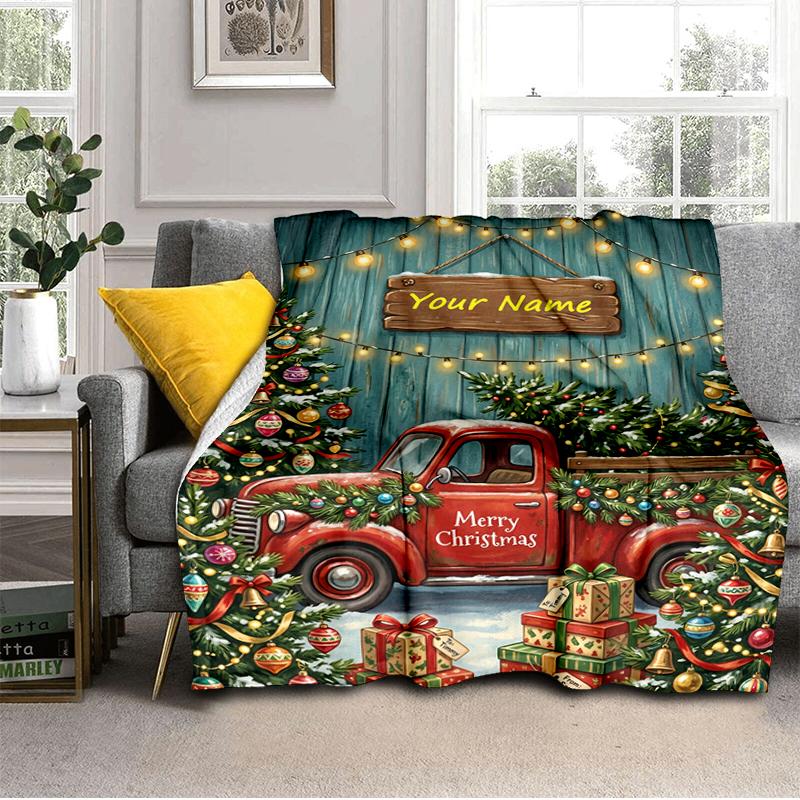 1PC Custom Name Christmas Truck Decorations blanket versatile,all-season throw suitable for the living room,bedroom,camping,travel,and gift