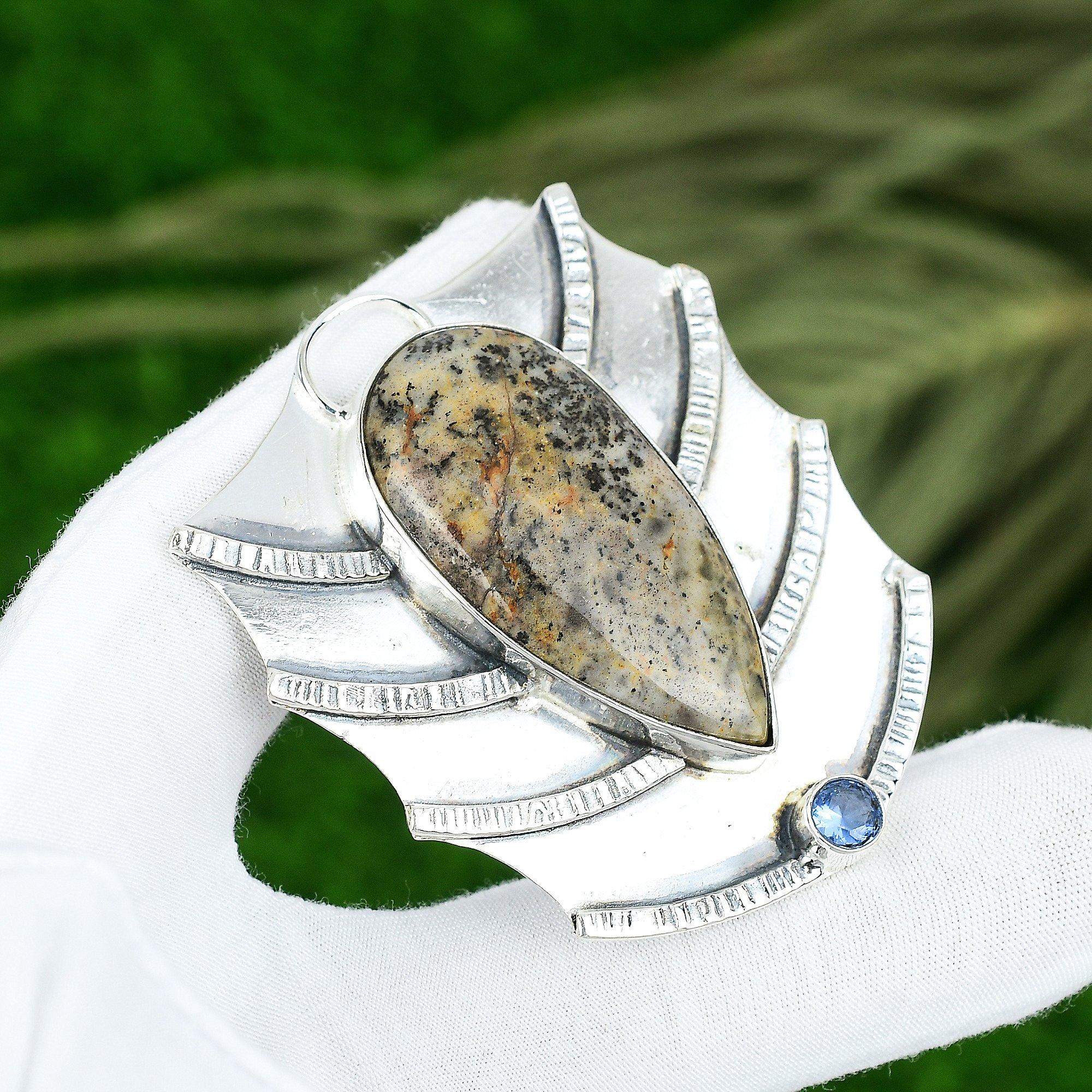 

Easter Sale Pear Natural Honey Dendrite Opal Iolite Wife Pendant Sterling Silver