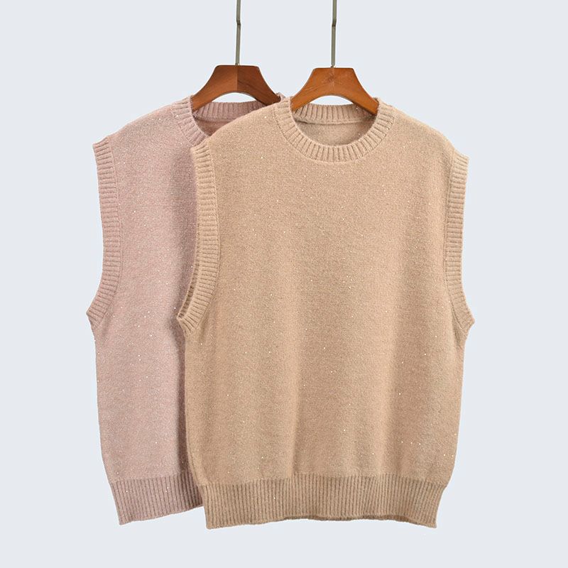 And Winter Round Neck Sleeveless Vest Waistcoat Small Sequin Flash Silk Stitching Knitting Sweaters Women's Clothing Preppy Style Easiest for Match