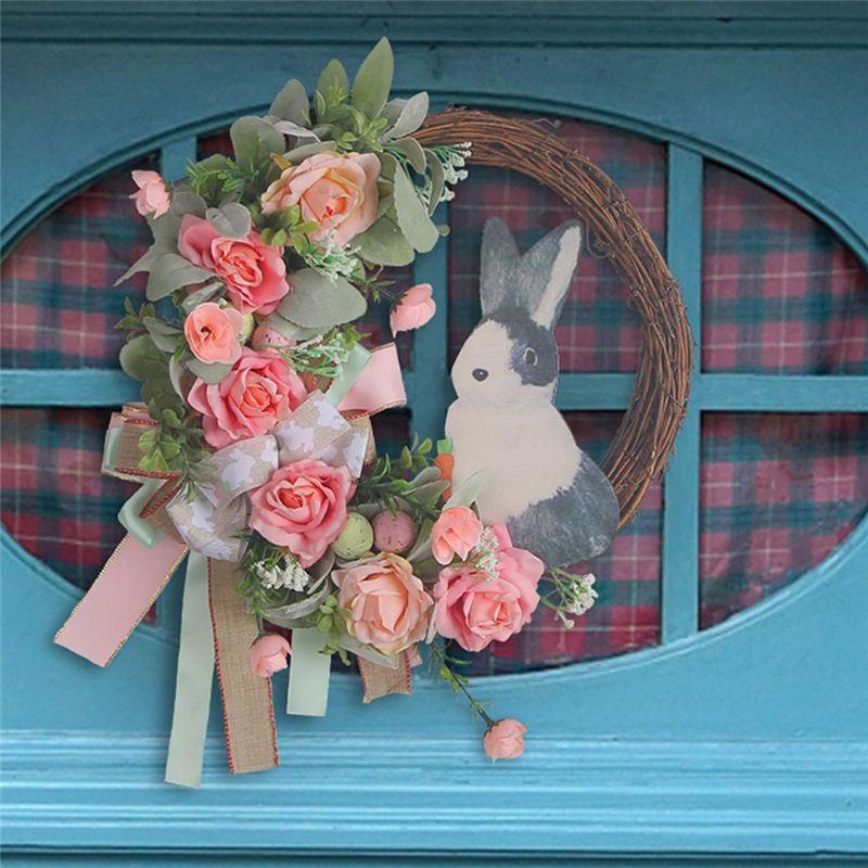 AEE4-Easter Wreath For Front Door Decoration Easter Egg Bunny Flower Garland For Front Door Art Decor Spring Door Wall Window