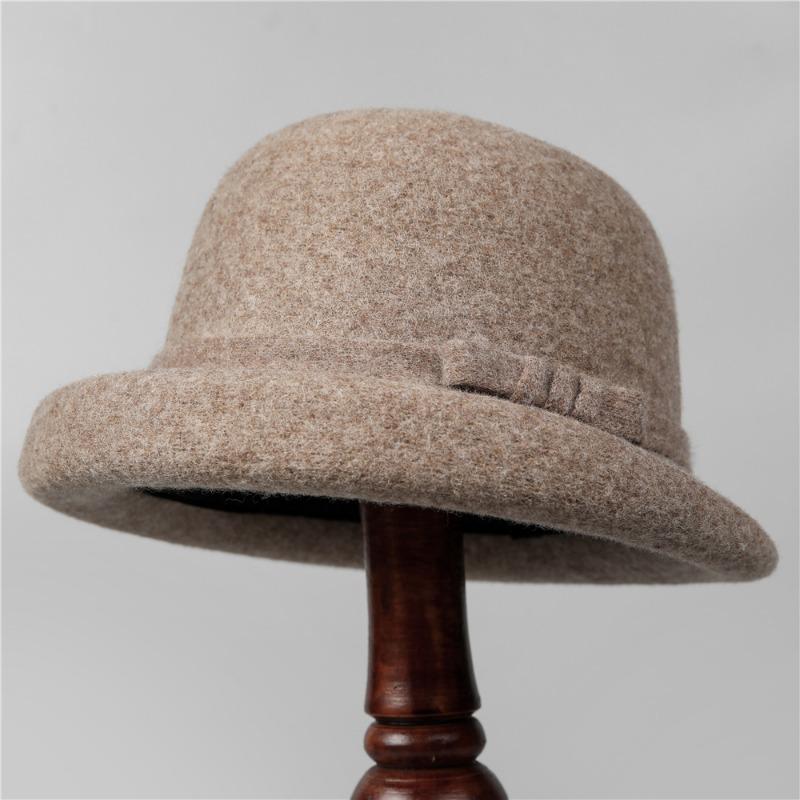 Premium Curled Woolen Hat Women's Retro Bow Bucket Hat Autumn and Winter Gold Wind Hat