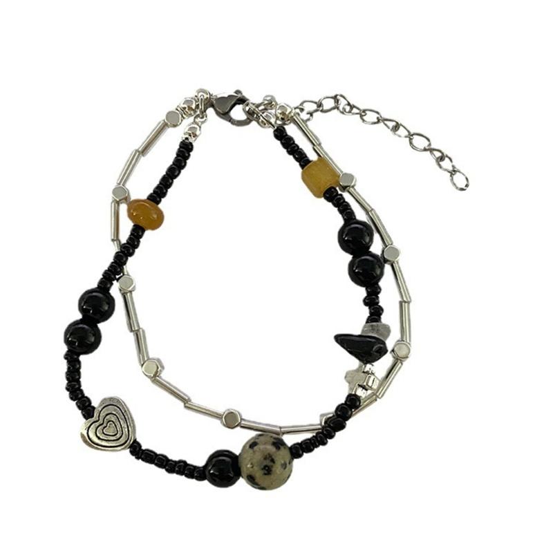 

Stylish Double Strand Love Heart Bracelet Vintage White Black Beads Wristband Elegant Beaded Bangle Accessory Gift 1